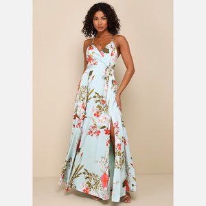 Lulu's - Still the One Sage Green Floral Print Satin Maxi Dress - Size Small